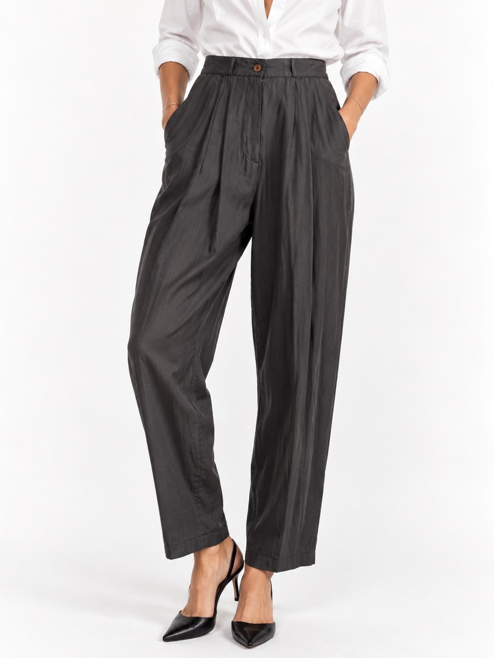 Vintage Silk Club 100% Washable Silk Charcoal Pleated High Rise Trousers M